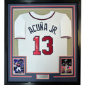 Framed Autographed/Signed Ronald Acuna Jr. 35x39 Atlanta White Baseball Jersey JSA COA