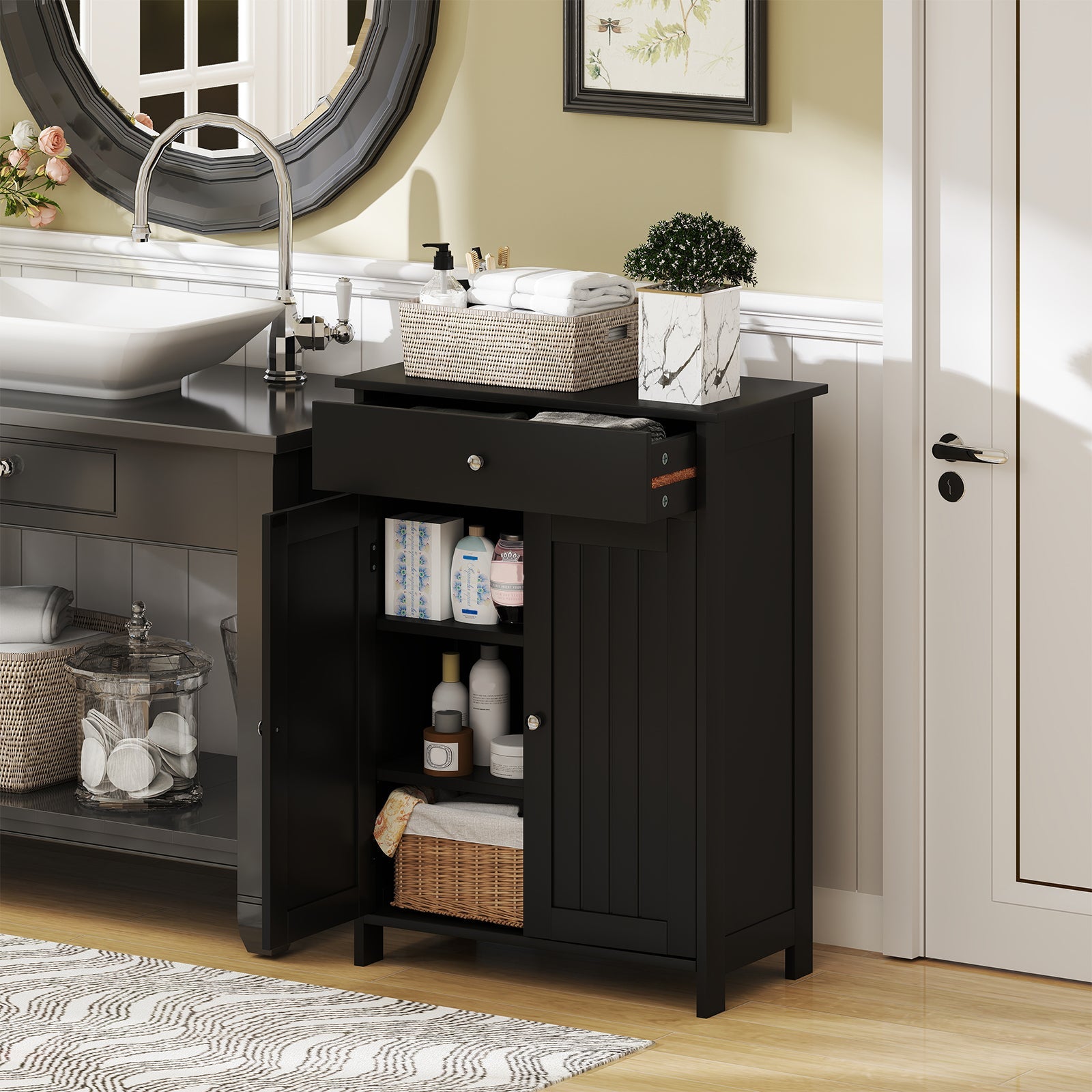 Bathroom Floor Cabinet Freestanding Storage Organizer with 2 Doors
