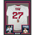 Framed Autographed/Signed Carlton Fisk 35x39 Boston White Baseball Jersey JSA COA