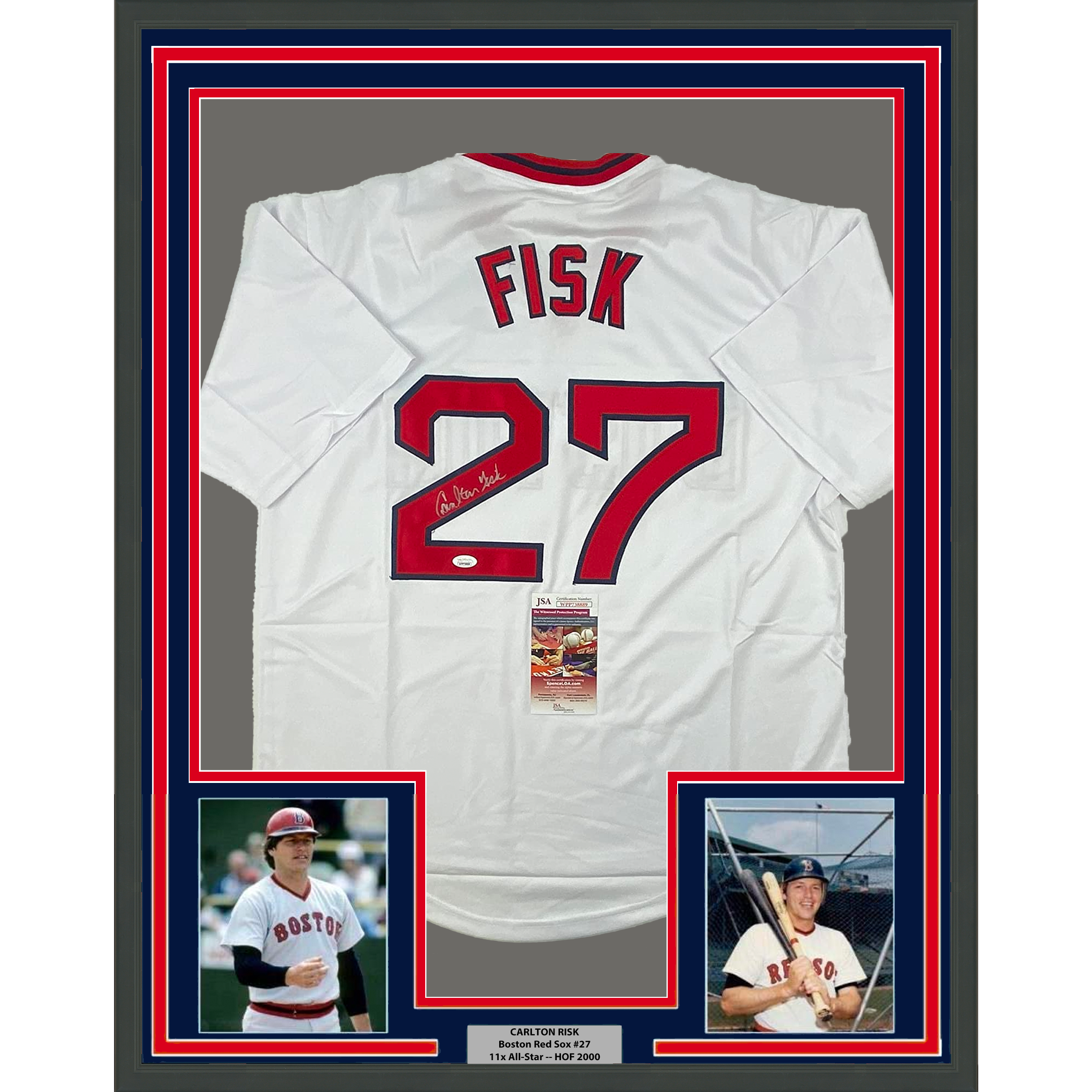 Framed Autographed/Signed Carlton Fisk 35x39 Boston White Baseball Jersey JSA COA