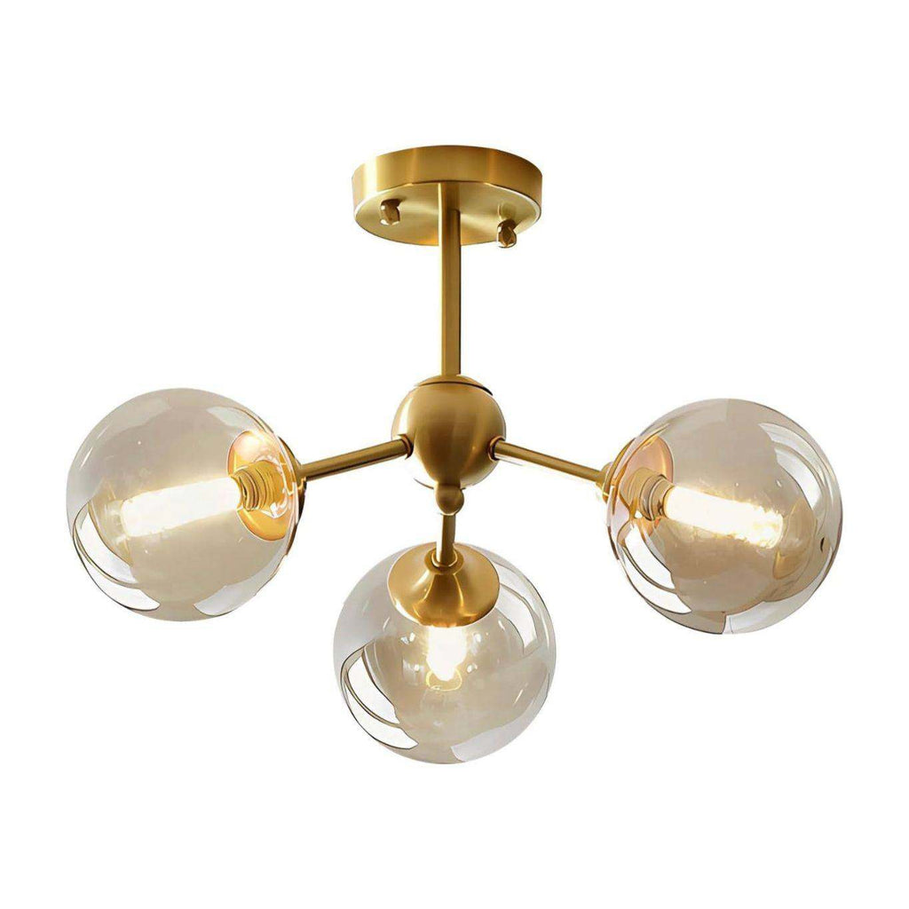 KCO Lighting Glass Globe Sputnik Chandelier 3-Light Brass Gold Close to Ceiling Light Mid Century Flush Mount Ceiling Light for Kitchen Island Bedroom Bathroom (3-Lights)