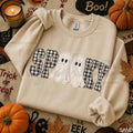 Faux Patchwork Spooky Ghost Sweatshirt – Cozy Fall Halloween Gingham Applique Crewneck