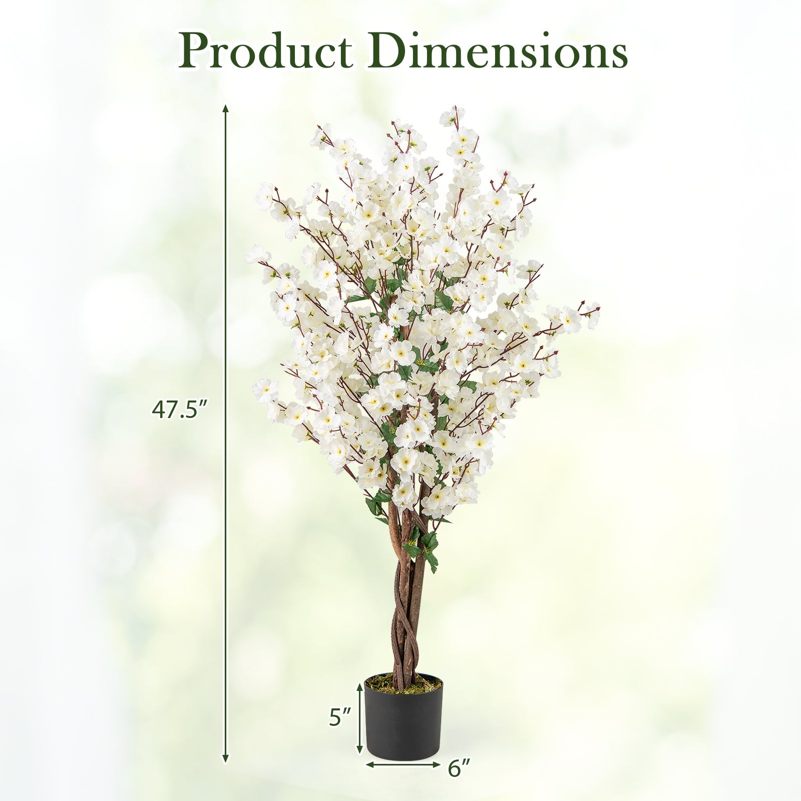 Faux Plum Blossom Plant with White Fabric Flower and Solid Wood Trunk-White