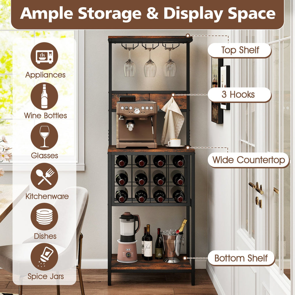 Freestanding Wine Rack Floor Wine Bar Cabinet with Glass Racks-Rustic Brown