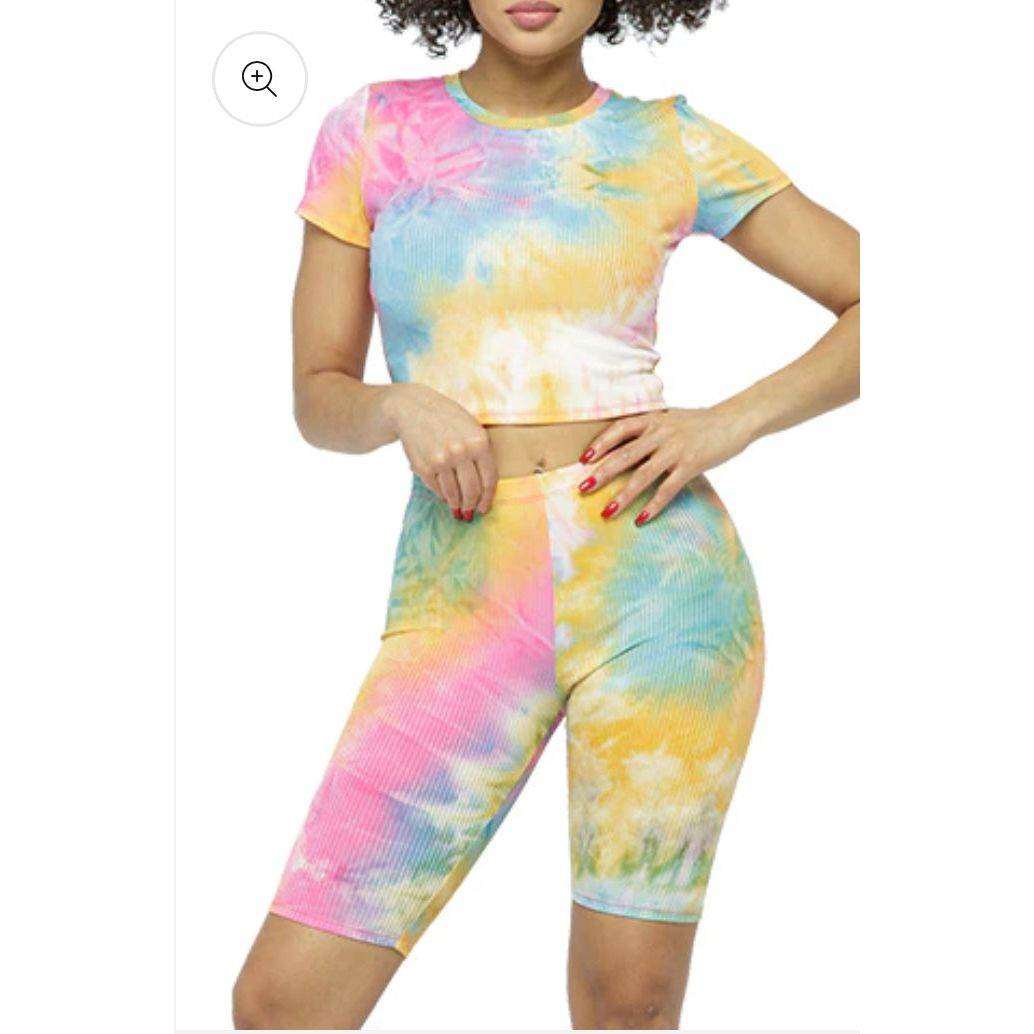 TIE DYE RIBBED CROP TOP&BIKER SHORT SET