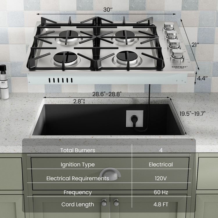 30/36 Inch Gas Cooktop with 4/6 Powerful Burners and ABS Knobs
