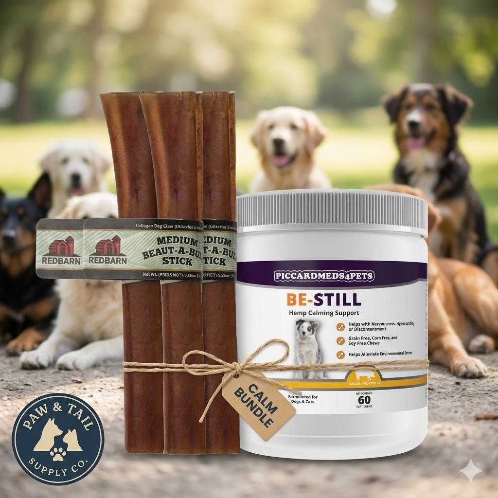 Dog Calming Chews Hemp 60ct + Medium Collagen Stick 3ct Anxiety Relief Treat Bundle