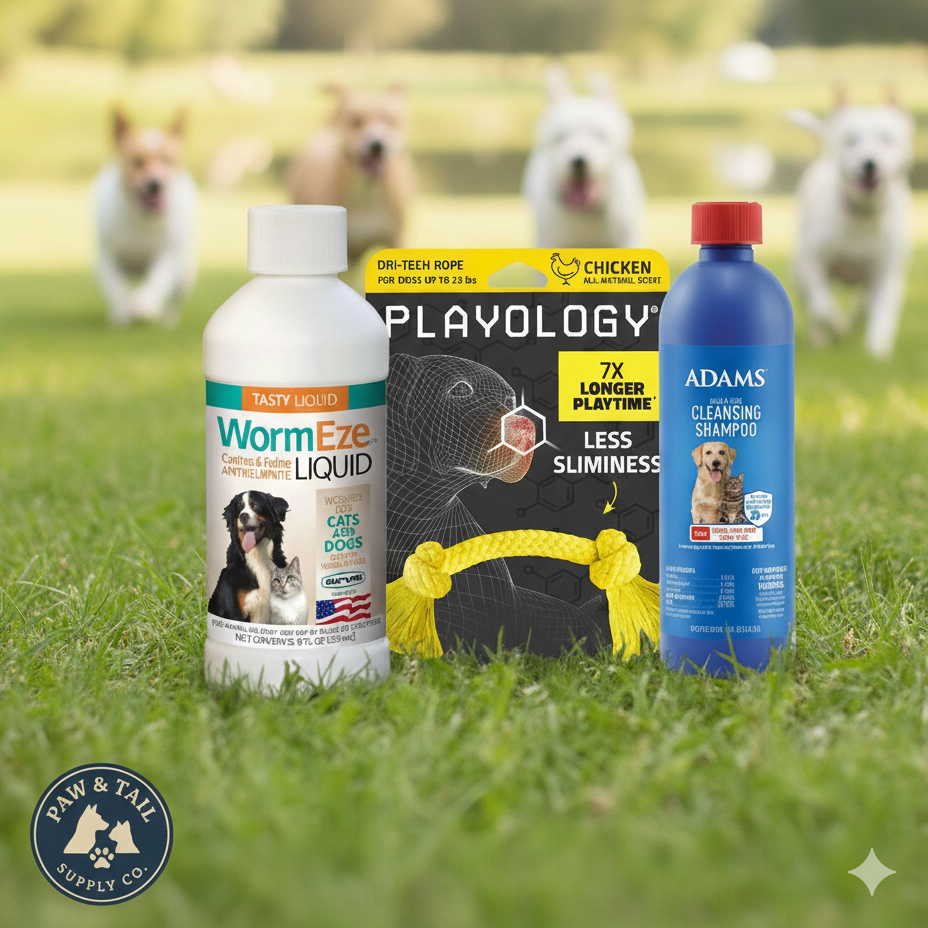 Dog Deworming & Flea Care Bundle WormEze 8oz + Adams Flea & Tick Shampoo 12oz + Chicken Rope Toy – Wholesale Bundle!