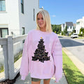 Geometric Black Cat Christmas Tree Sweatshirt, Chic Women's Holiday Graphic Pullover