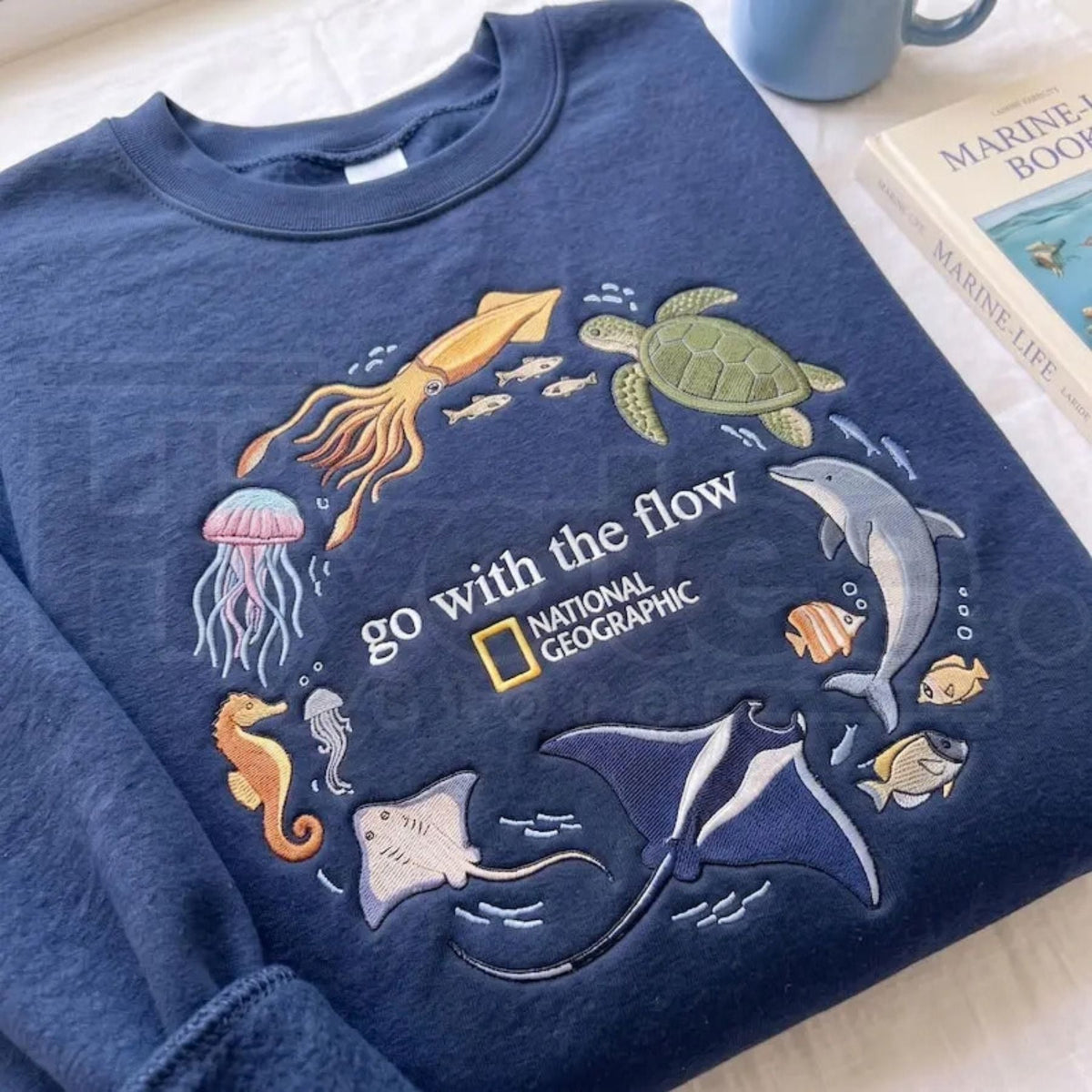 "Go With The Flow" Embroidered Sweatshirt – Ocean Marine Animals Crewneck, Coastal Pullover Gift