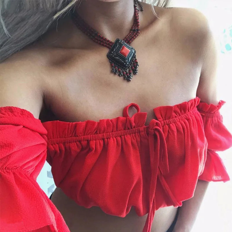 Women Crop Top – Summer Lantern Sleeve Strapless Ruched Beach Tank