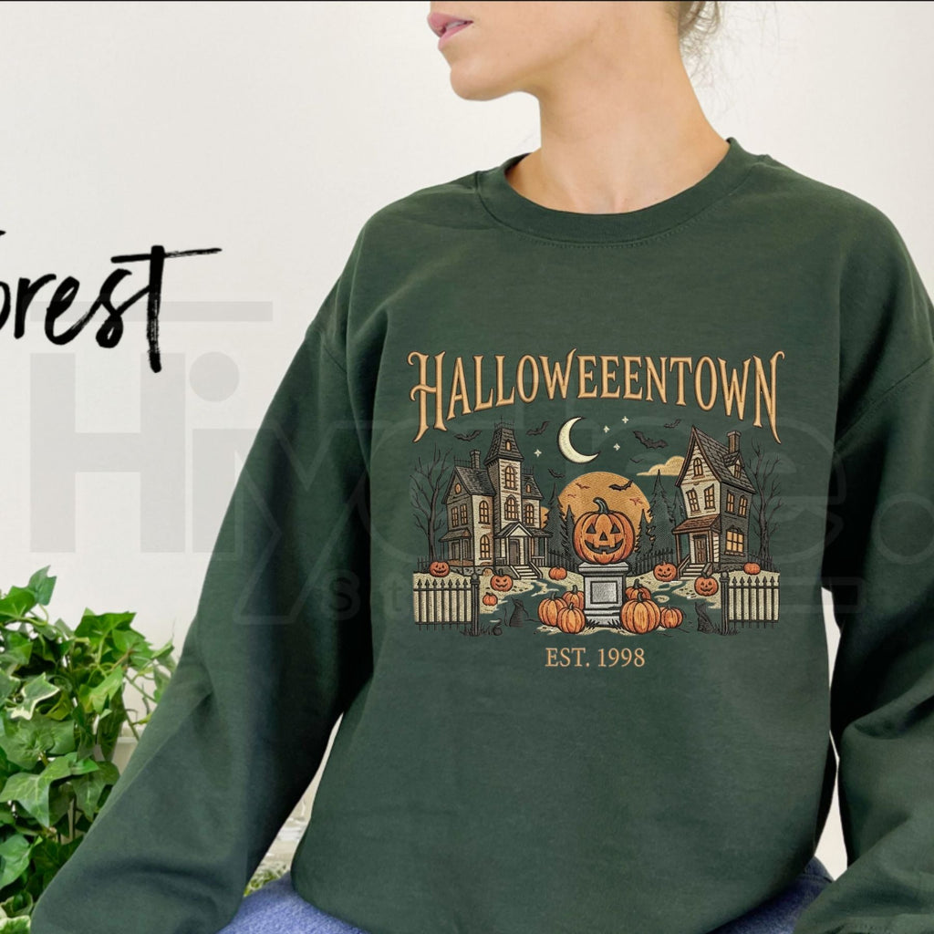 HalloweenTown Embroidered Gingham Sweatshirt – Spooky Village Haunted House Pullover