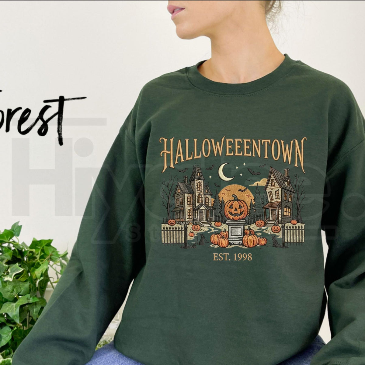 HalloweenTown Embroidered Gingham Sweatshirt – Spooky Village Haunted House Pullover