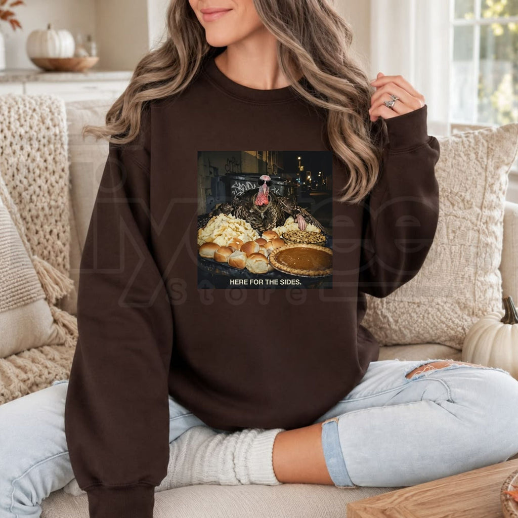 Here For The Sides Thanksgiving Sweatshirt, Funny Food Lover Friendsgiving Graphic Top