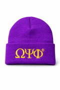 Purple Omega Psi Phi Beanie Hat with Gold Embroidered Greek Letters