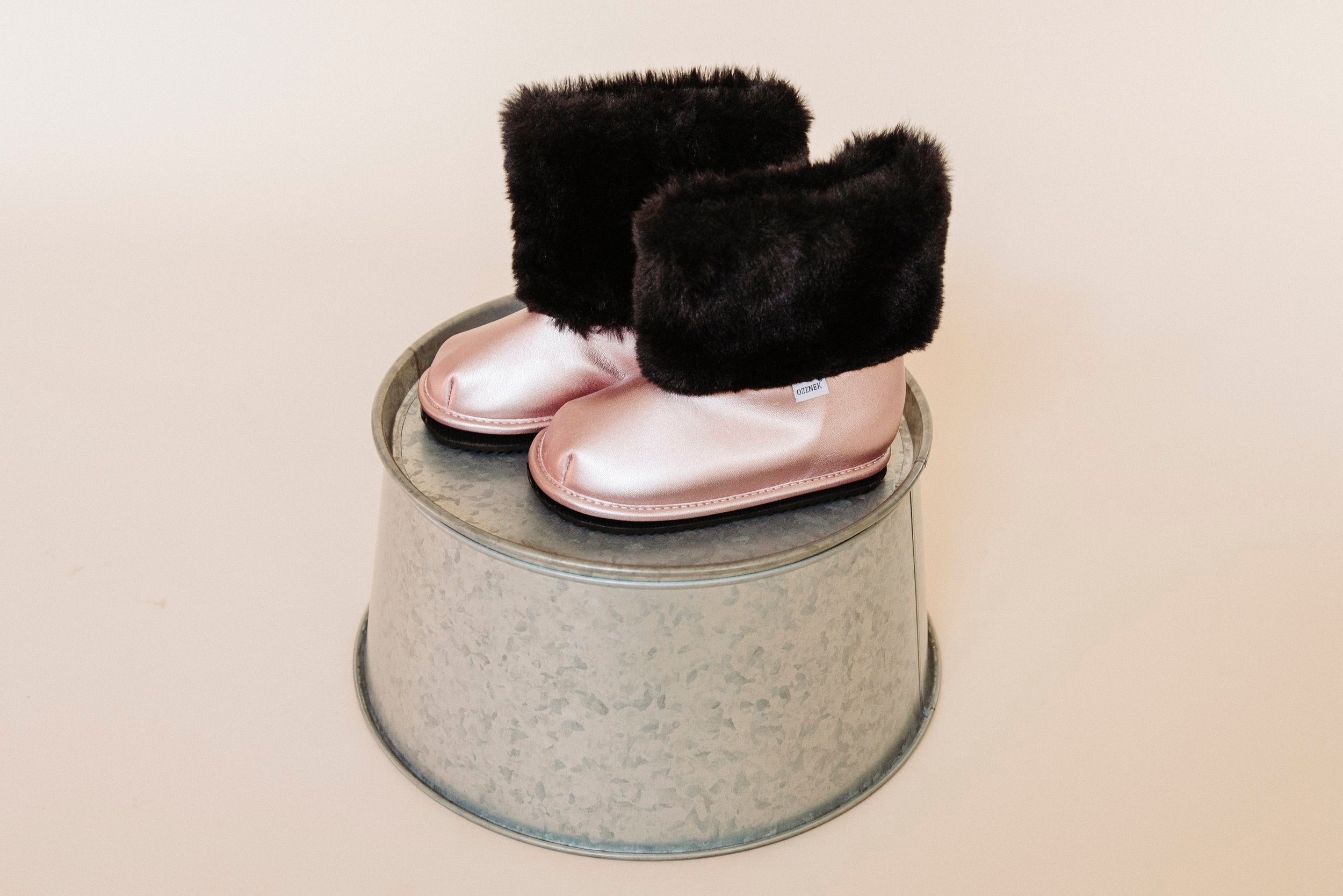 Rose Gold Faux-Fur Barefoot Boot Topper | Ozznek Removable Sole Shoes