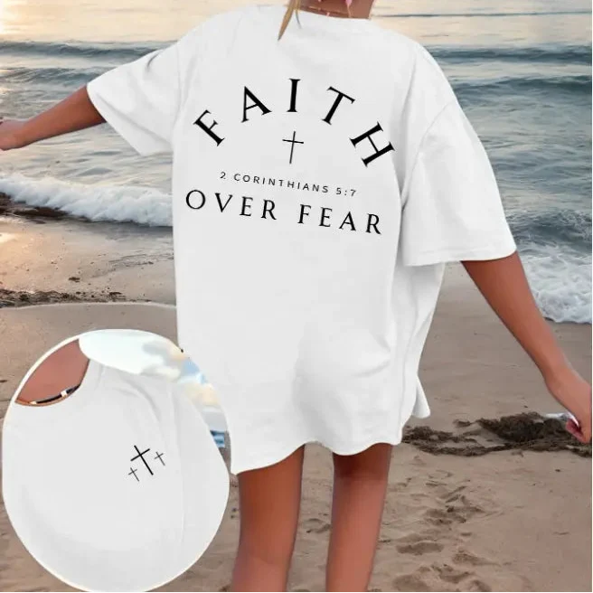 Lady T-Shirt – Pink Faith Over Fear 2 Corinthians 5:7 Dual-Side Christian Tee
