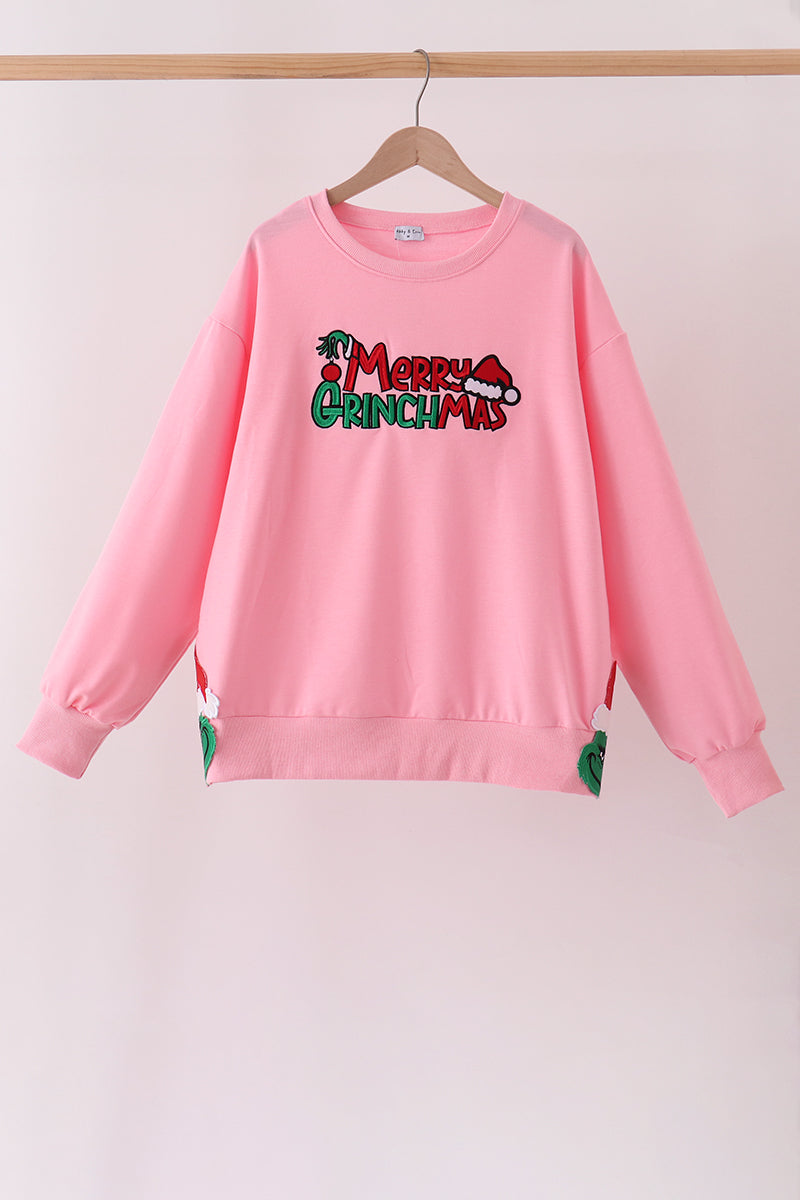 Pink Merry Grinch Embroidery Mom&me Sweatshirt