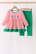 Red Nutcracker Embroidery Ruffle Stripe Pants Set