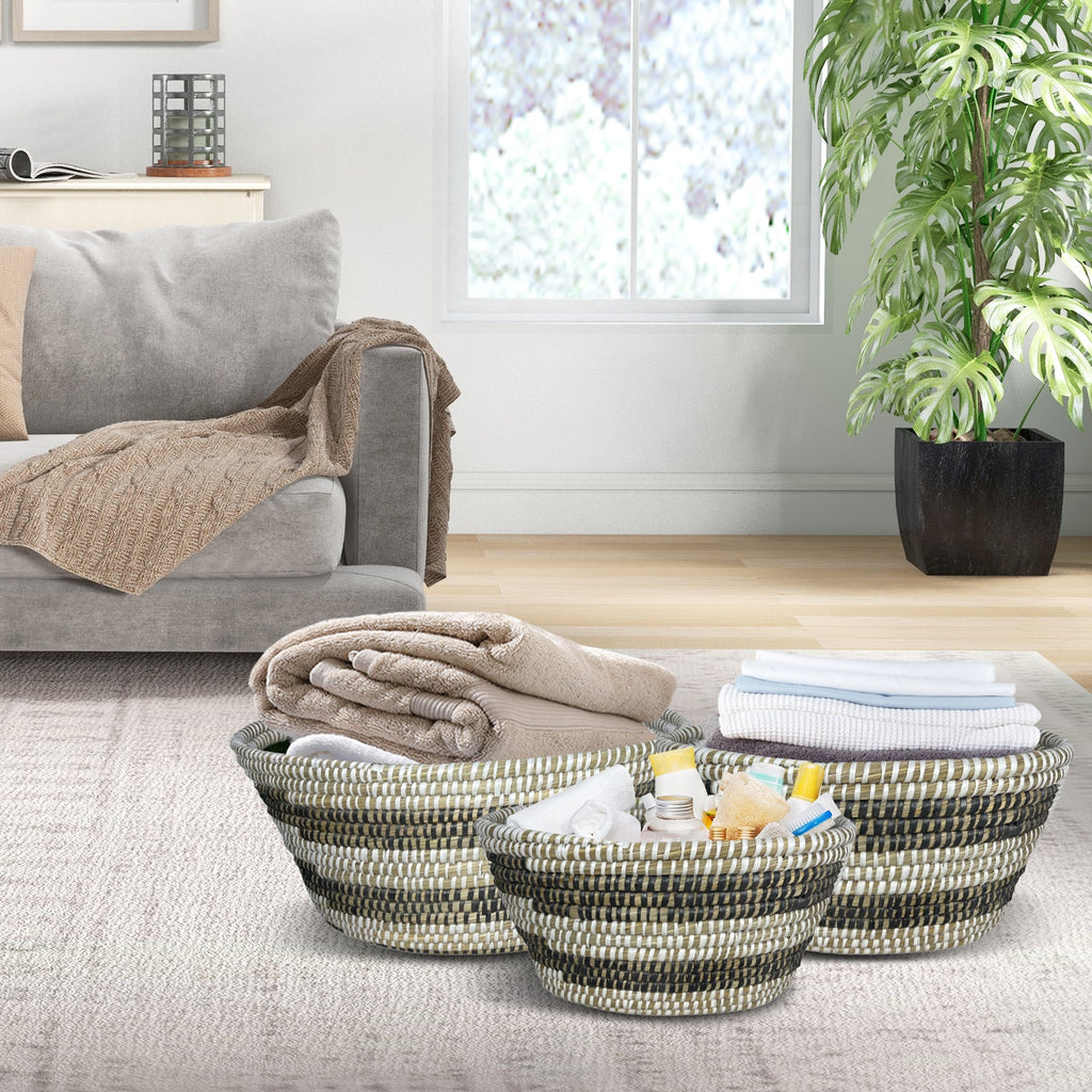 Natural Canes Grass Baskets Stackable Storage Bins Set of 3 with Hollowed Handles