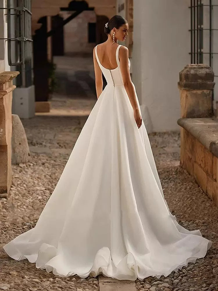 Spaghetti Strap Satin Wedding Dress White Simple
