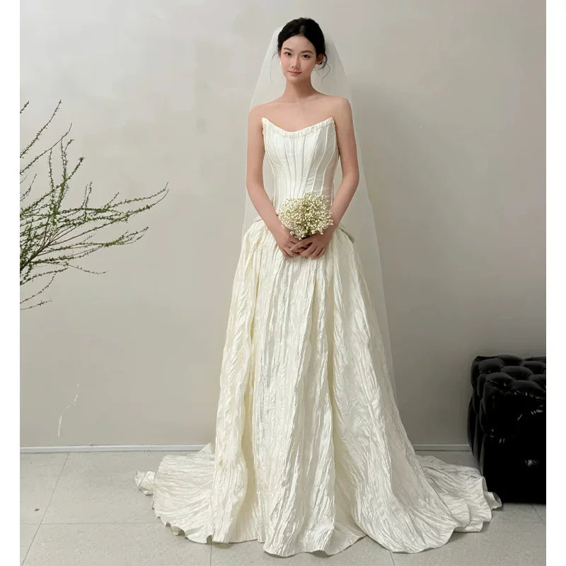 French Style Tube Top Wedding Dress White Long