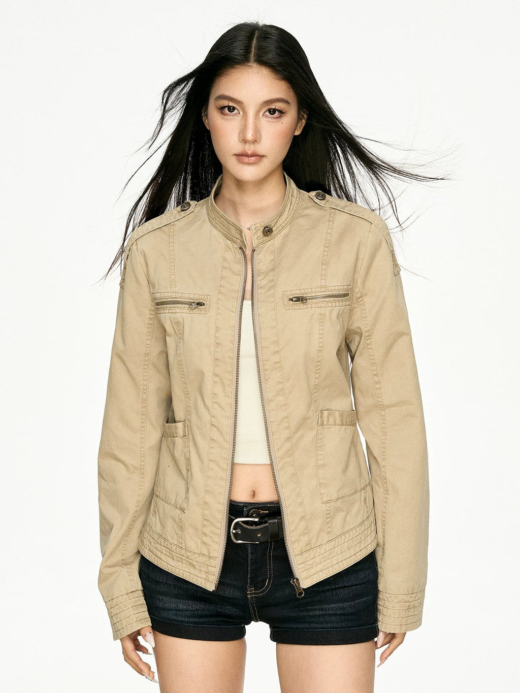 Retro Distressed Stand Collar Cropped Jacket