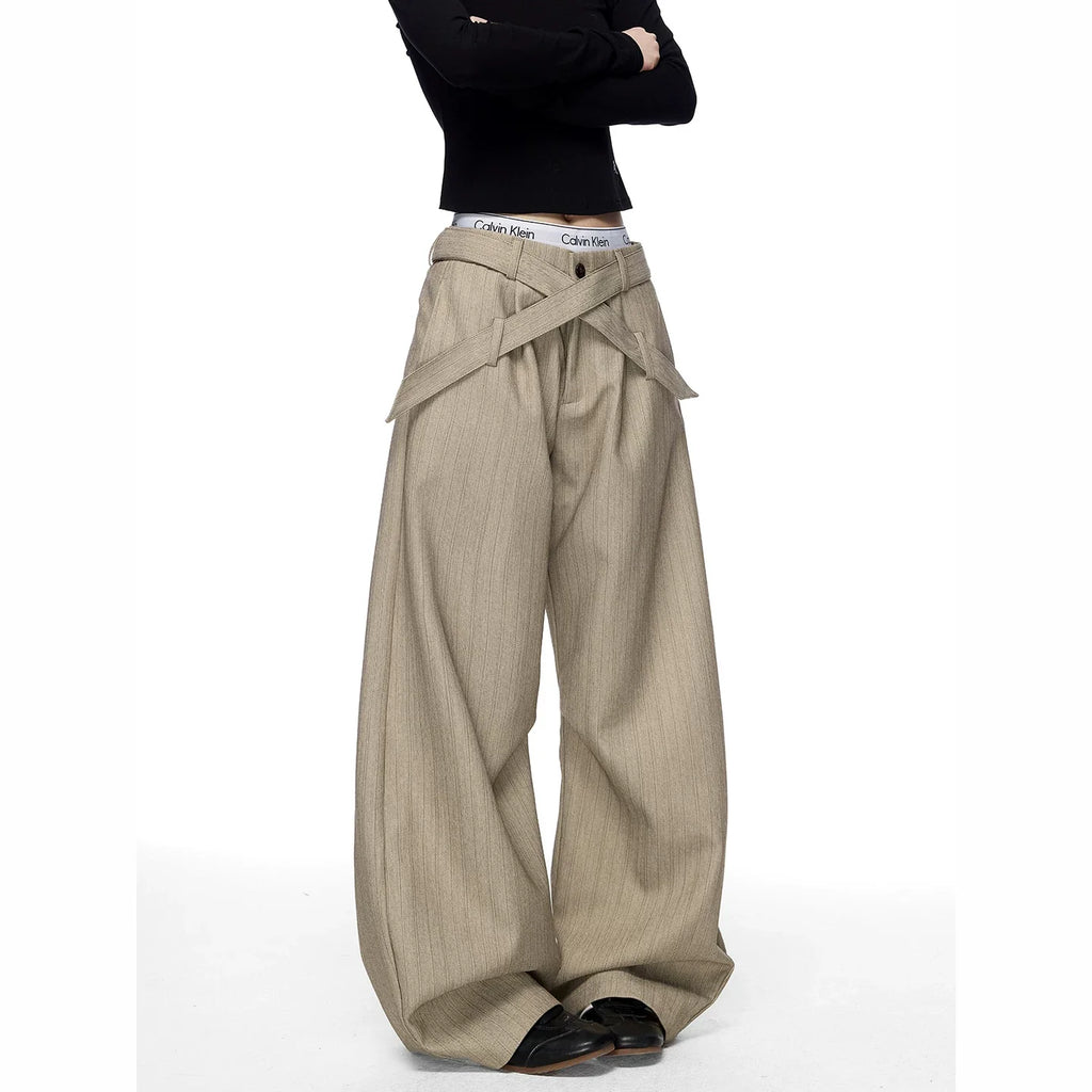 CEAROCOW Women's Retro Pleated Stripe Belt Trousers Loose Fit