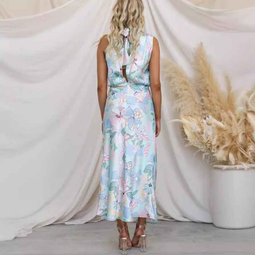 Sleeveless Strap Dress Slim Dress Satin Printing Temperament