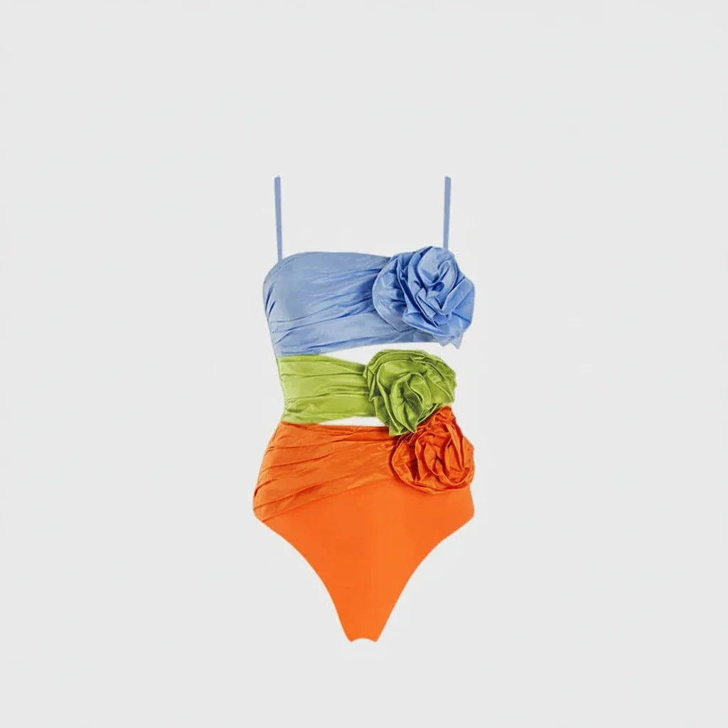 Contrasting Color Hollow Suspender One Piece Swimsuit