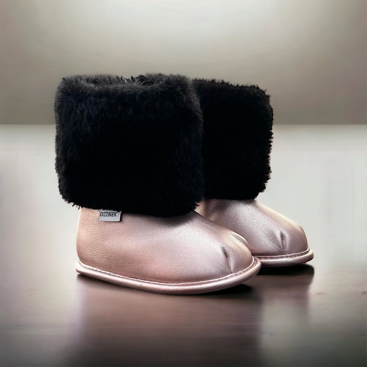 Rose Gold Faux-Fur Barefoot Boot Topper | Ozznek Removable Sole Shoes