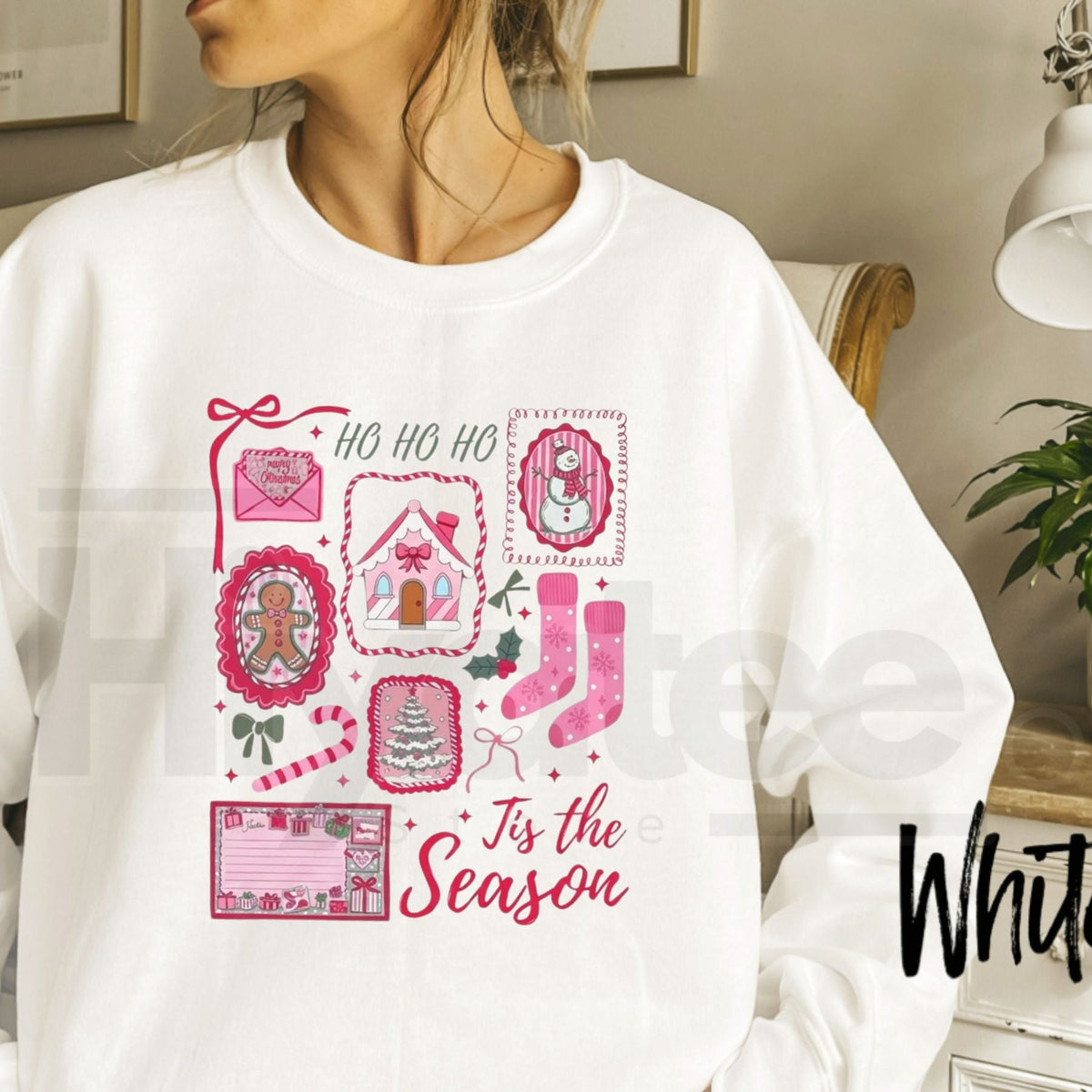 Pink Christmas Sweatshirt, Tis The Season Candy Cane Bow Santa Graphic Pullover