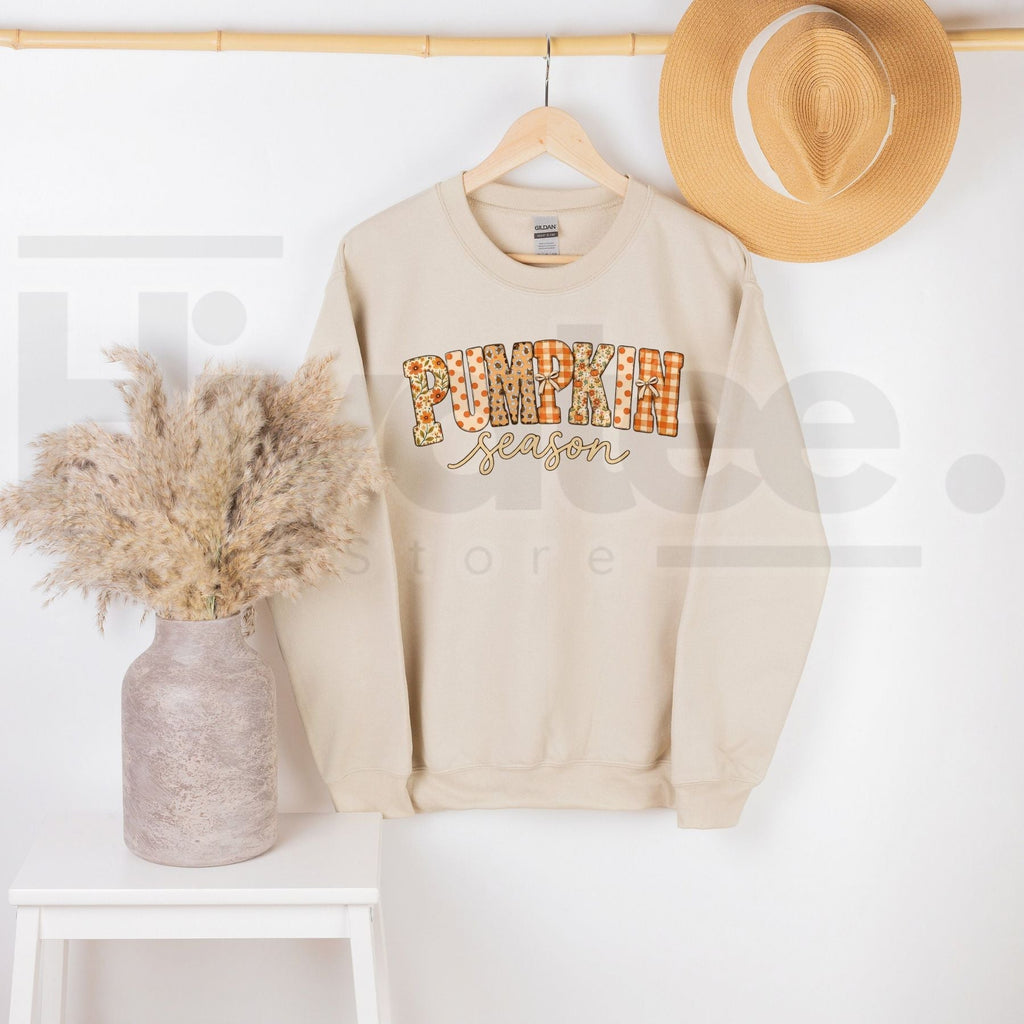 Pumpkin Season Sweatshirt – Fall Patchwork Graphic Crewneck, Cute Autumn Harvest Sweater