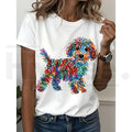 Rainbow Line Puppy Print Cotton T-Shirt – White Creative Graffiti Style Dog Lover's Top