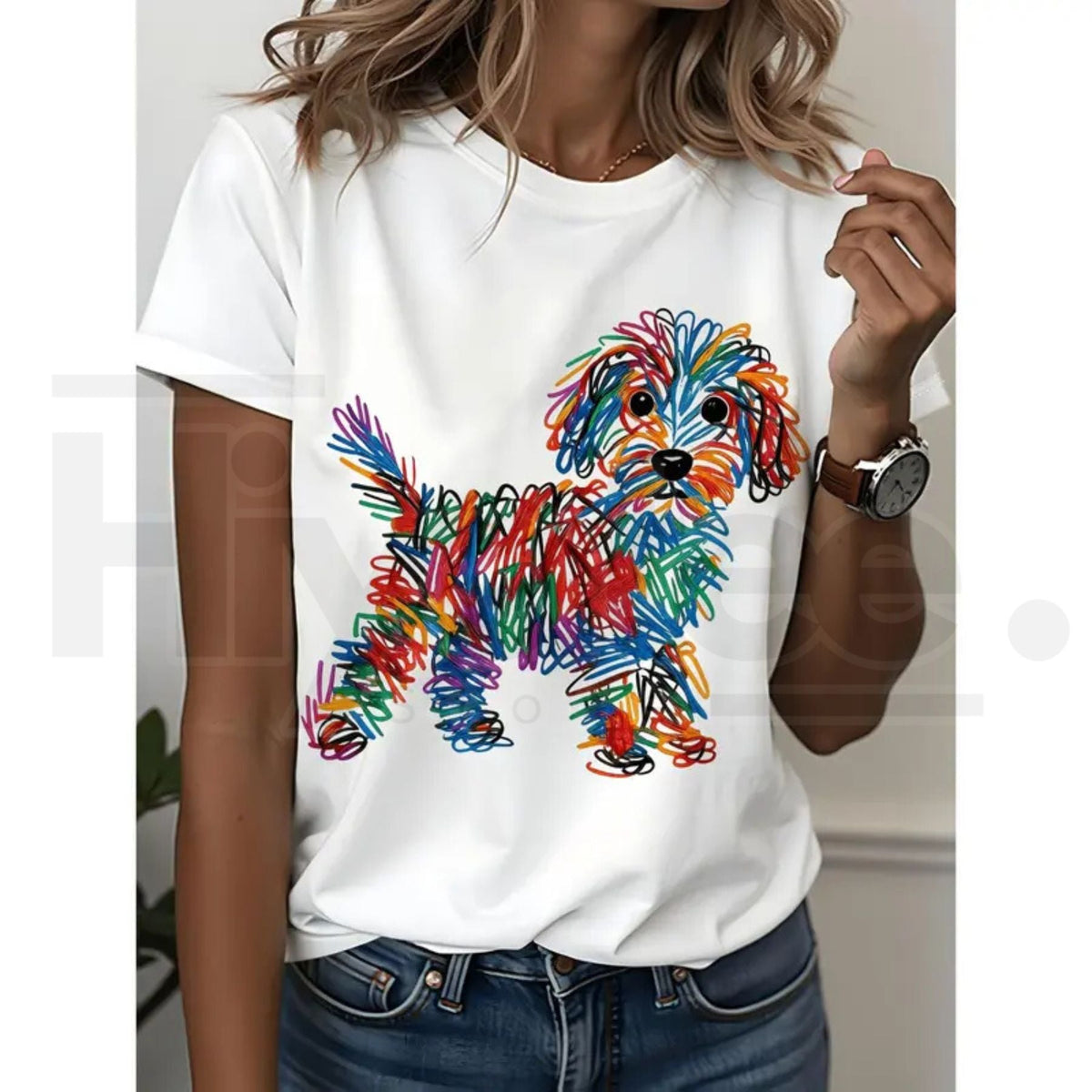 Rainbow Line Puppy Print Cotton T-Shirt – White Creative Graffiti Style Dog Lover's Top