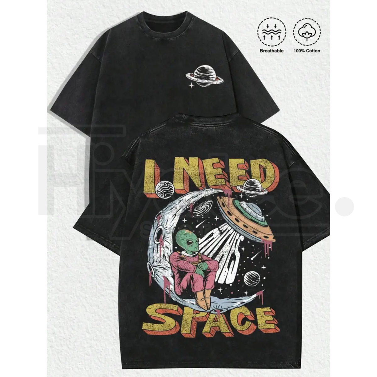 Retro Space Alien "I Need Space" T-Shirt – Vintage Distressed Sci-Fi Graphic Tee