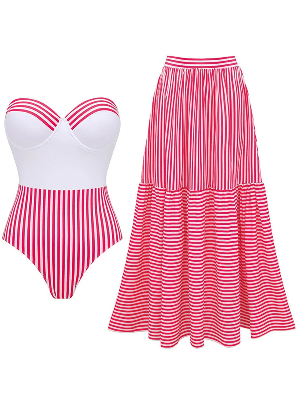 Women's Striped One-Piece Swimwear – Convertible Bandeau Push-Up Swim Dress