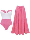 Women's Striped One-Piece Swimwear – Convertible Bandeau Push-Up Swim Dress