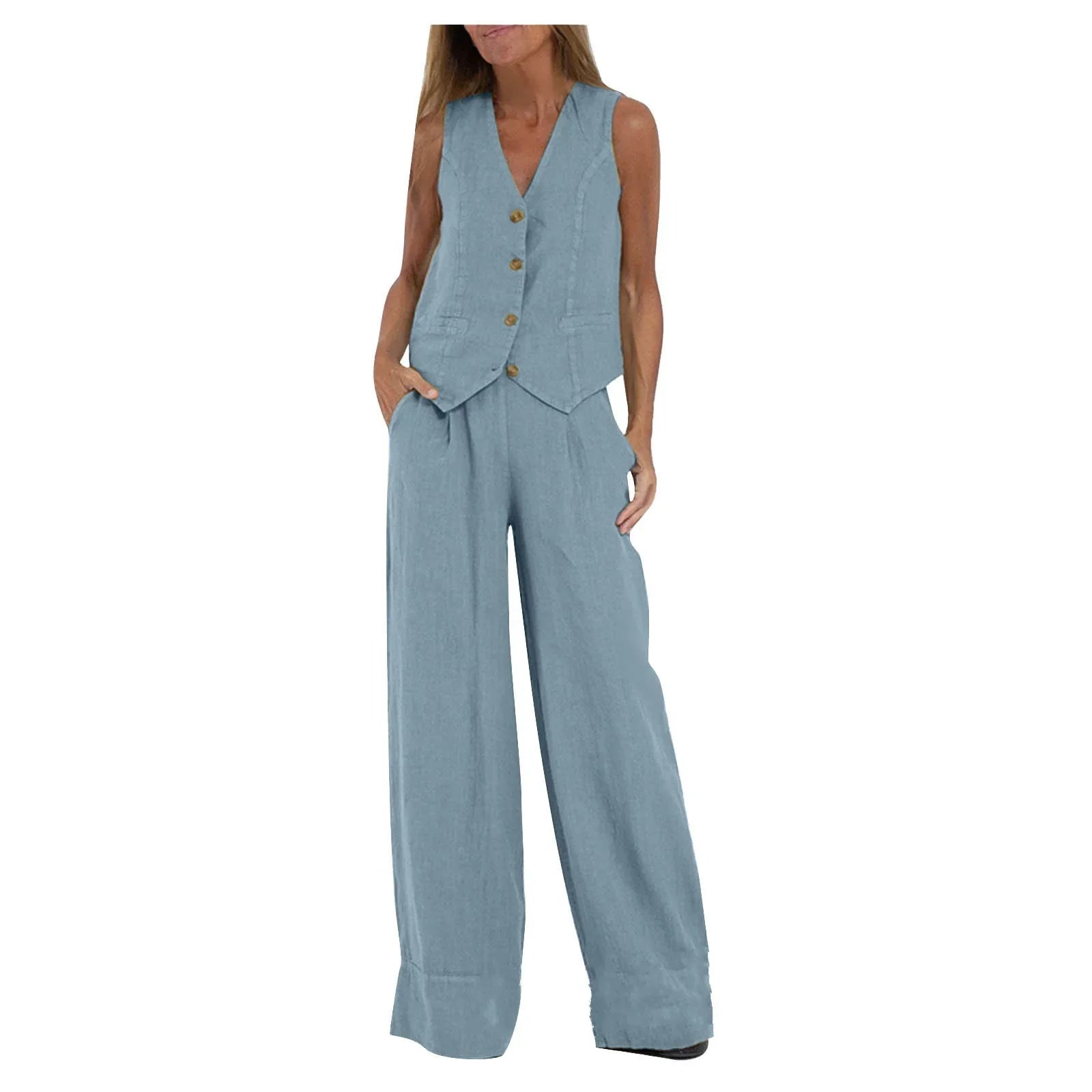 Women Sleeveless Vest – Colorblock Collage Pants Casual Suit