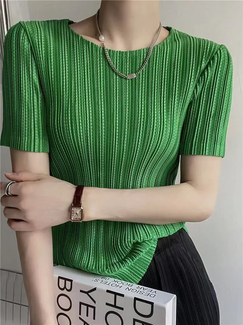Woman Clothing  Top Women  Pleated Short-sleeved Female