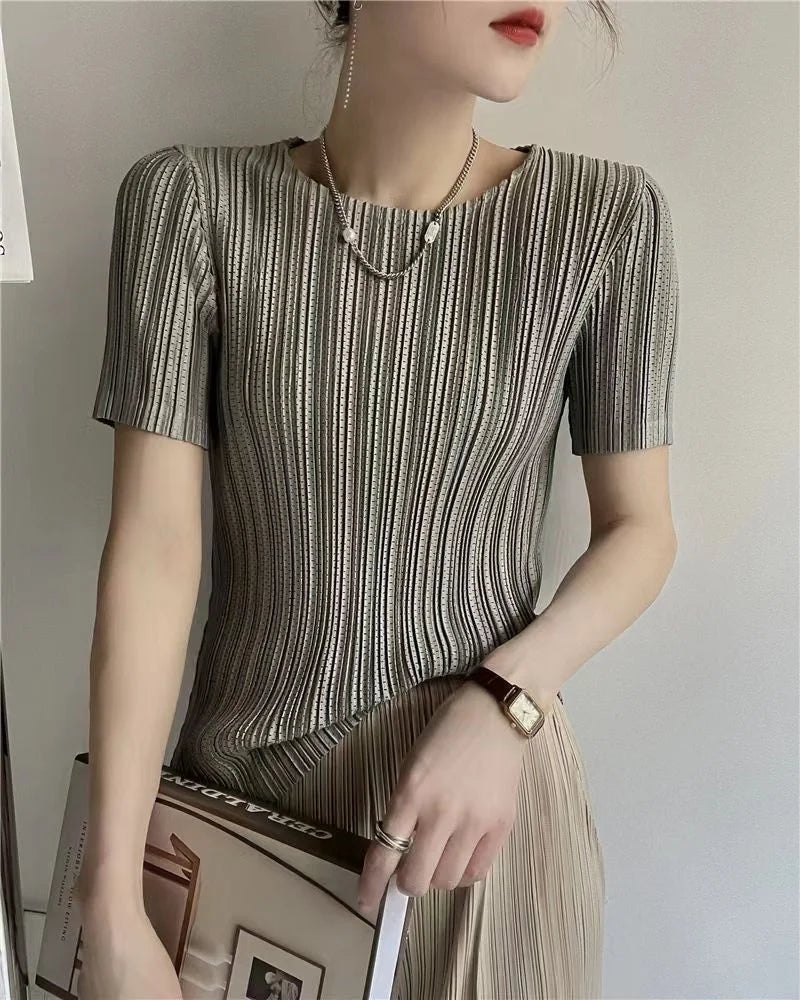 Woman Clothing  Top Women  Pleated Short-sleeved Female