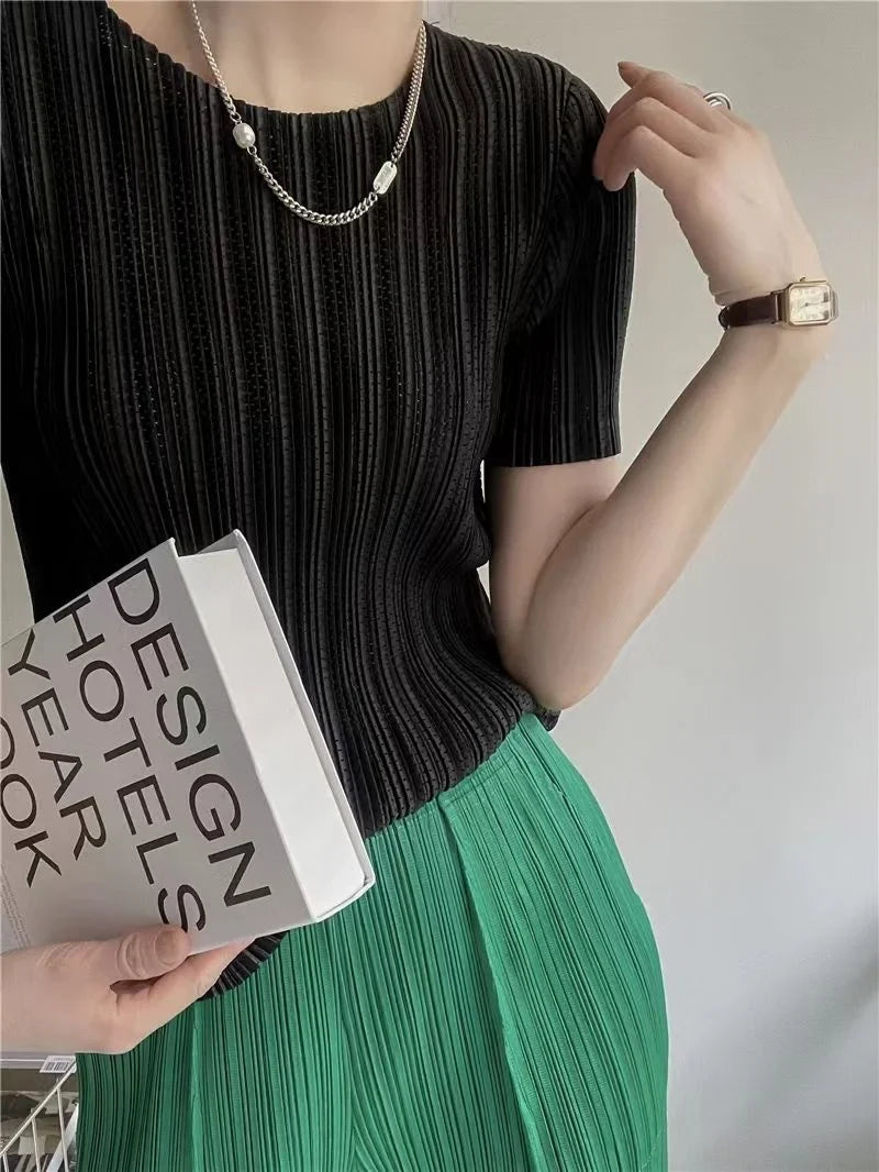 Woman Clothing  Top Women  Pleated Short-sleeved Female