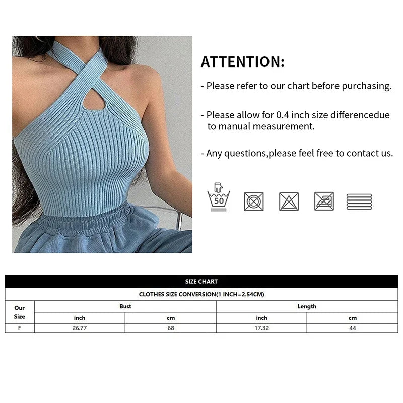 Women Crop Top – Halter Knitted Off Shoulder Strappy Tank Top