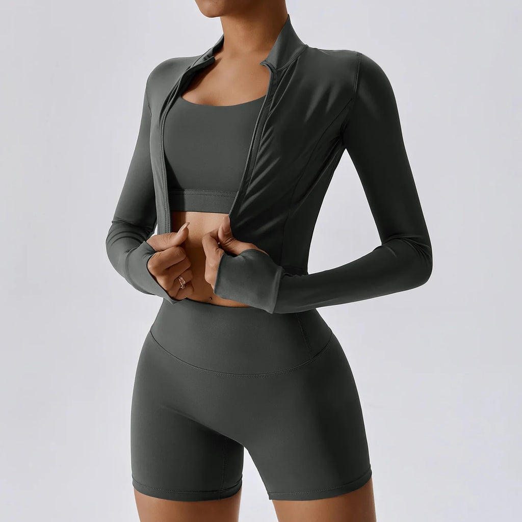 3-Piece Yoga Set Women Long Sleeve Zip Jacket High Waist Leggings