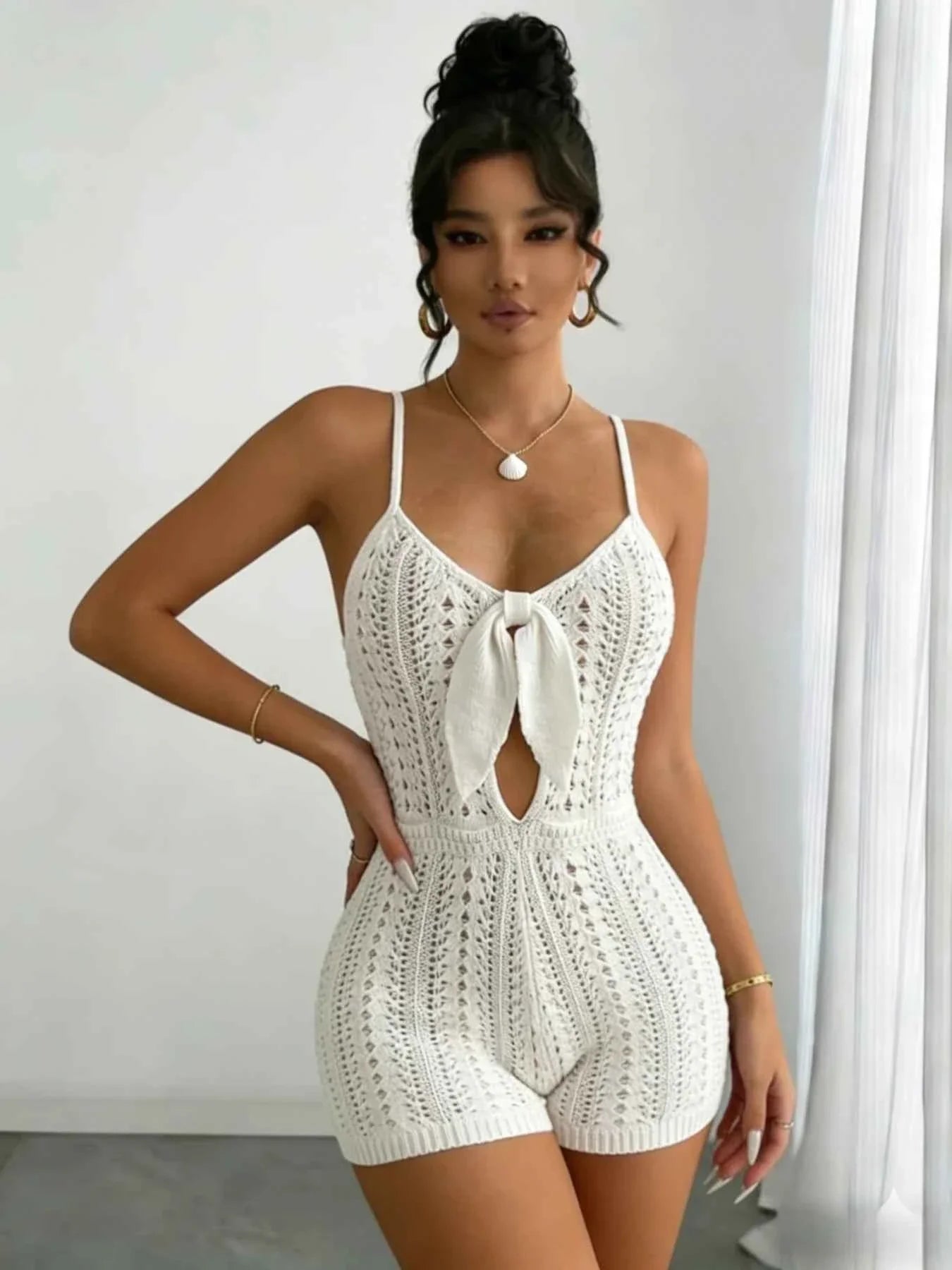 Boho Crochet Romper: White, Front Tie, Backless