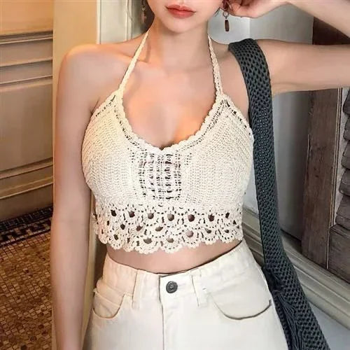 Women Crop Top – Retro Tassel Spaghetti Strap Hollow Halter Neck Top