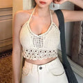 Women Crop Top – Retro Tassel Spaghetti Strap Hollow Halter Neck Top