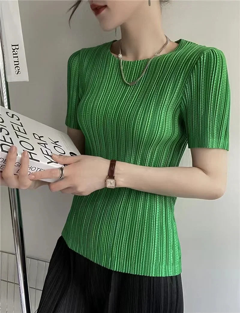 Woman Clothing  Top Women  Pleated Short-sleeved Female