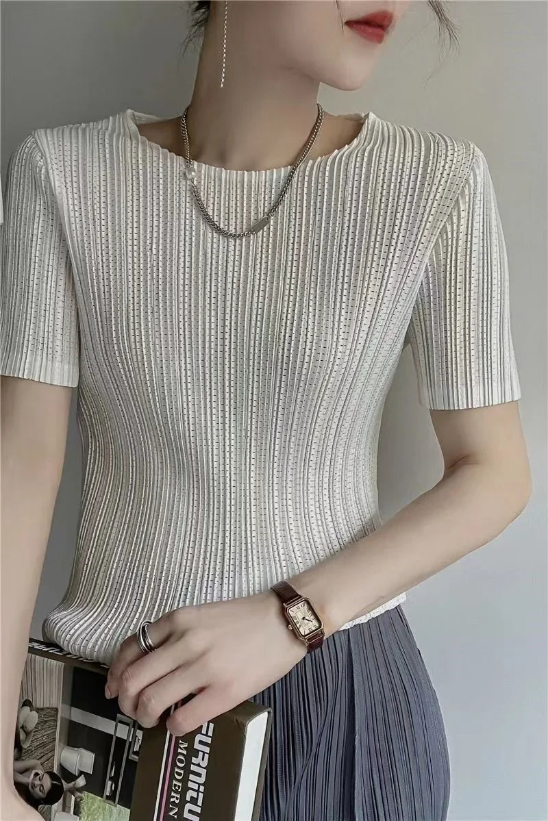 Woman Clothing  Top Women  Pleated Short-sleeved Female