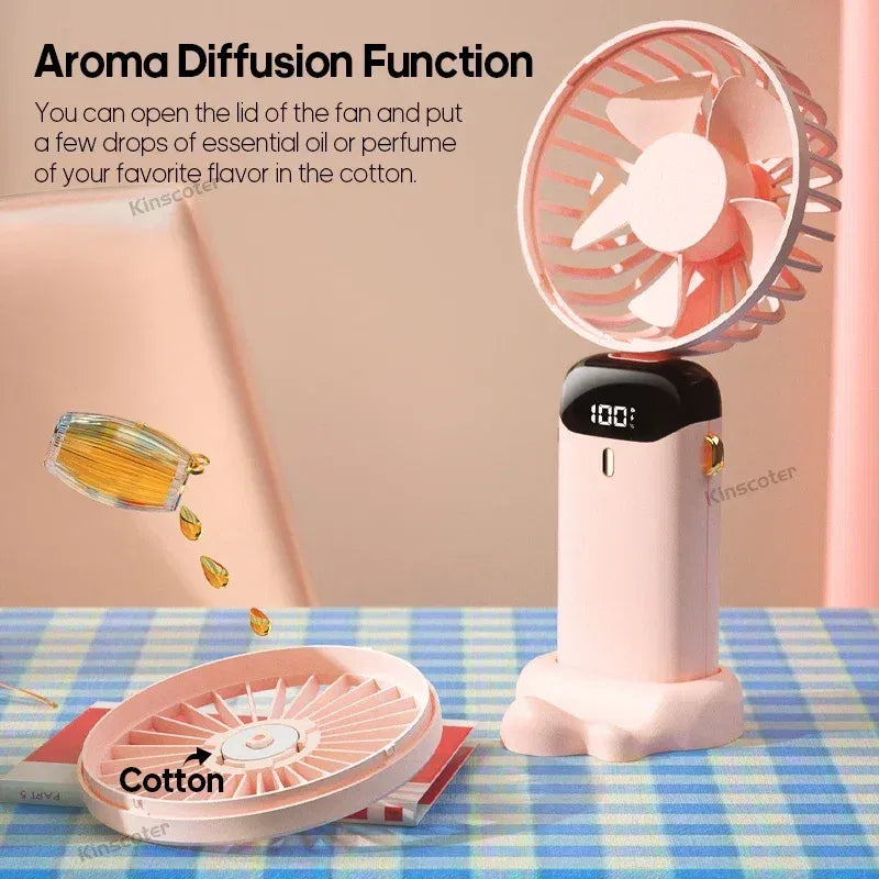 Color: Navy - Handheld Mini Fan 3000mAh Foldable Portable Neck Hanging Fans 5 Speed USB Rechargeable Fan with Phone Stand and Display Screen